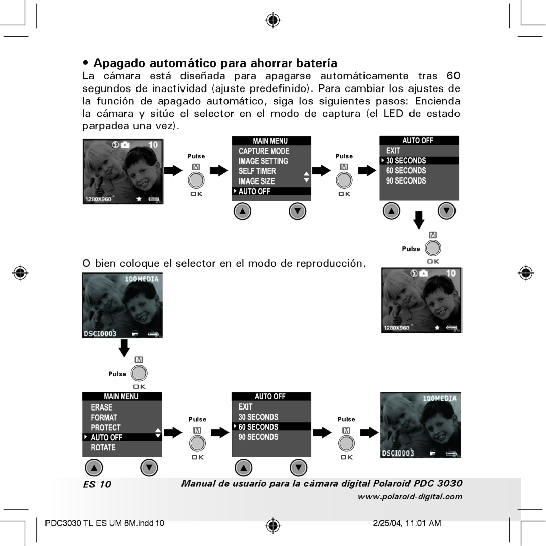 Polaroid PDC 3030 manual Apagado automático para ahorrar batería, Bien coloque el selector en el modo de reproducción 