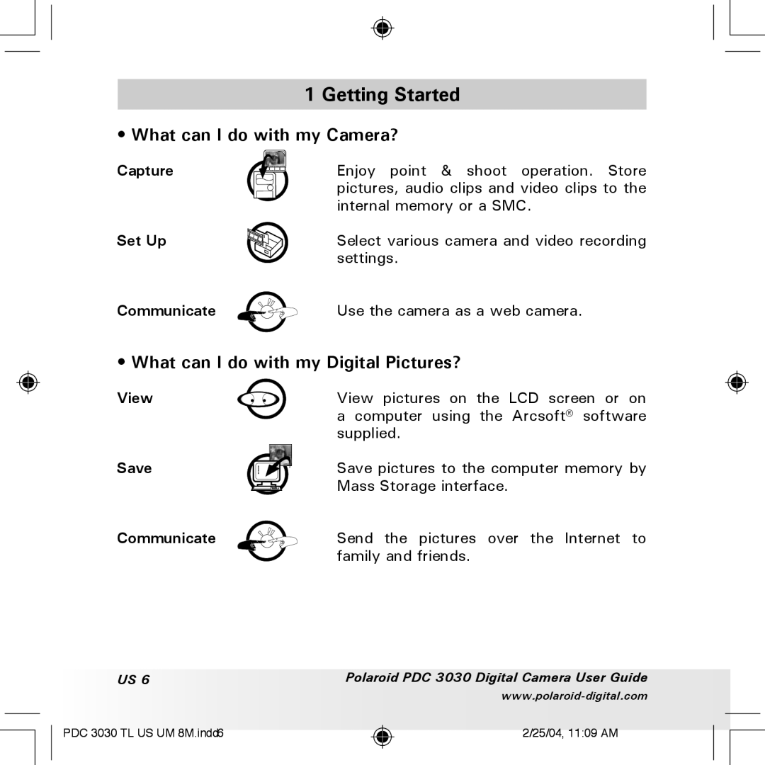 Polaroid PDC 3030 manual Getting Started, What can I do with my Camera?, What can I do with my Digital Pictures? 