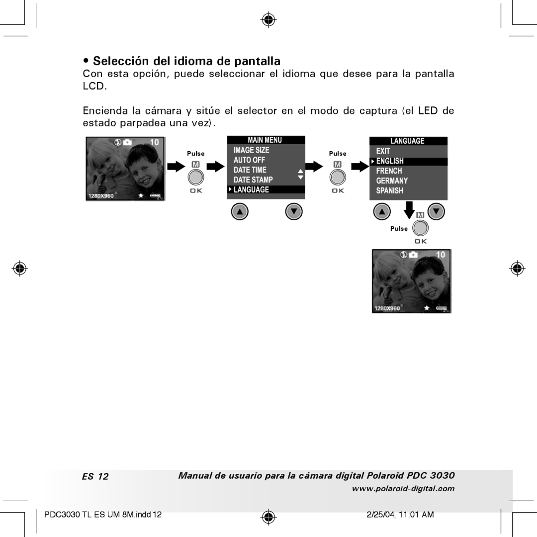 Polaroid PDC 3030 manual Selección del idioma de pantalla 