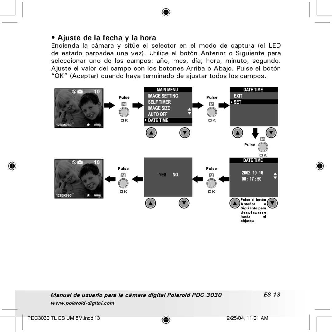 Polaroid PDC 3030 manual Ajuste de la fecha y la hora 