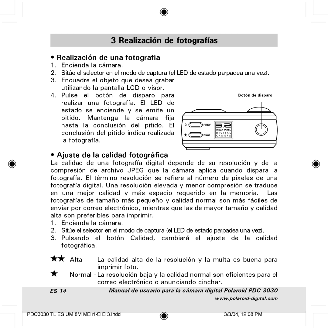 Polaroid PDC 3030 manual Realización de fotografías, Realización de una fotografía, Ajuste de la calidad fotográfica 