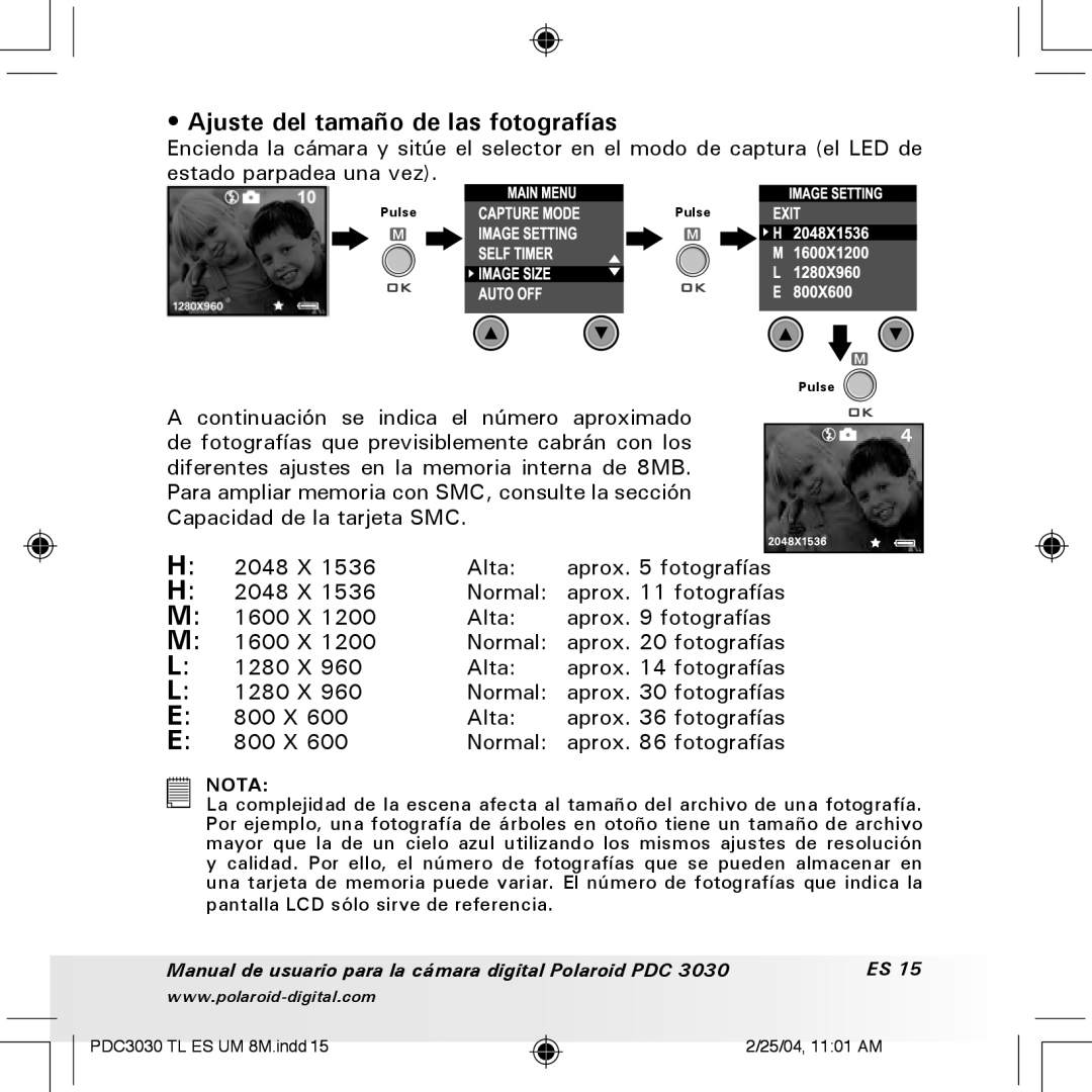 Polaroid PDC 3030 manual Ajuste del tamaño de las fotografías 