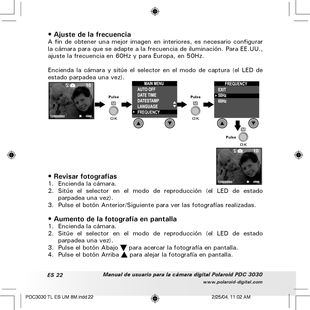 Polaroid PDC 3030 manual Ajuste de la frecuencia, Revisar fotografías, Aumento de la fotografía en pantalla 