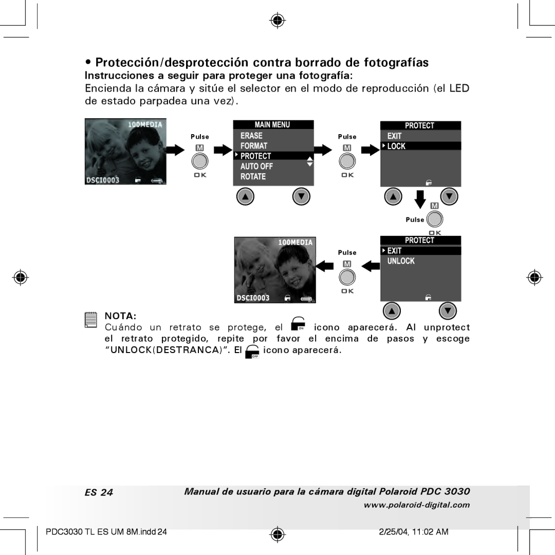 Polaroid PDC 3030 manual Protección/desprotección contra borrado de fotografías 