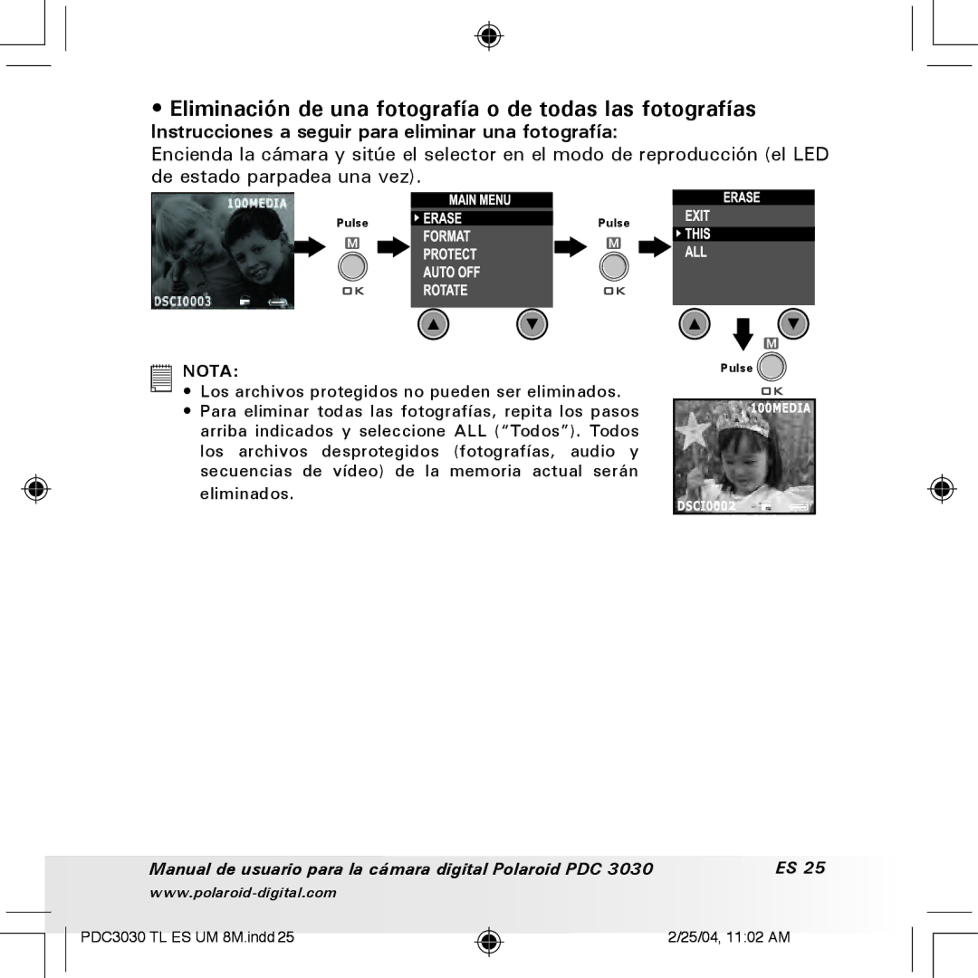 Polaroid PDC 3030 manual Eliminación de una fotografía o de todas las fotografías 