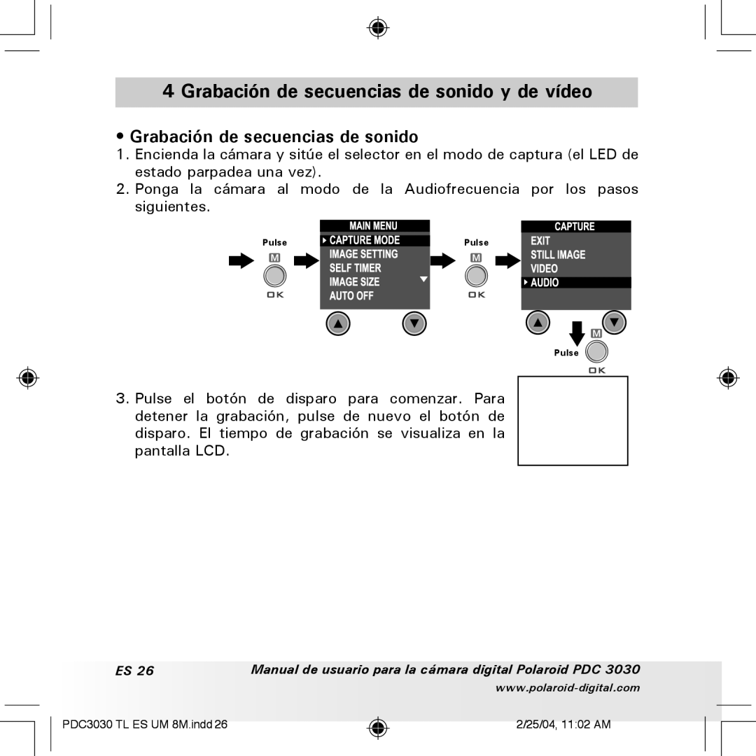 Polaroid PDC 3030 manual Grabación de secuencias de sonido y de vídeo 