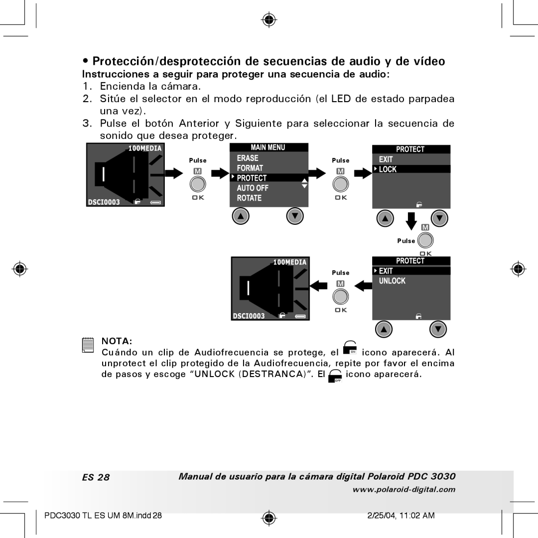 Polaroid PDC 3030 manual Protección/desprotección de secuencias de audio y de vídeo 