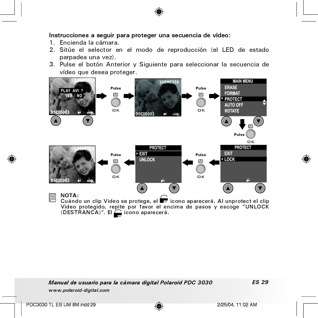 Polaroid PDC 3030 manual Instrucciones a seguir para proteger una secuencia de vídeo 