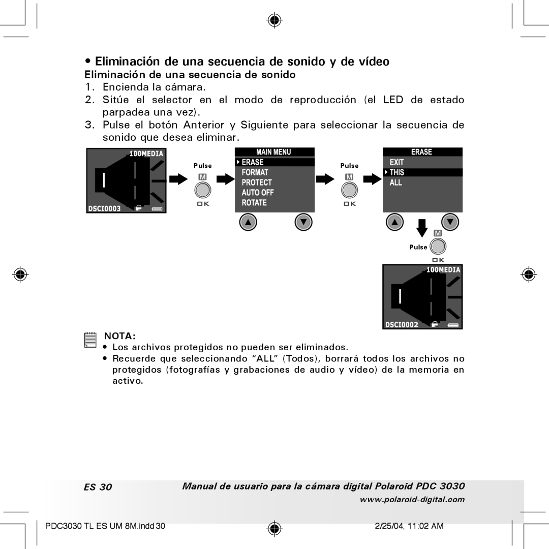 Polaroid PDC 3030 manual Eliminación de una secuencia de sonido y de vídeo 