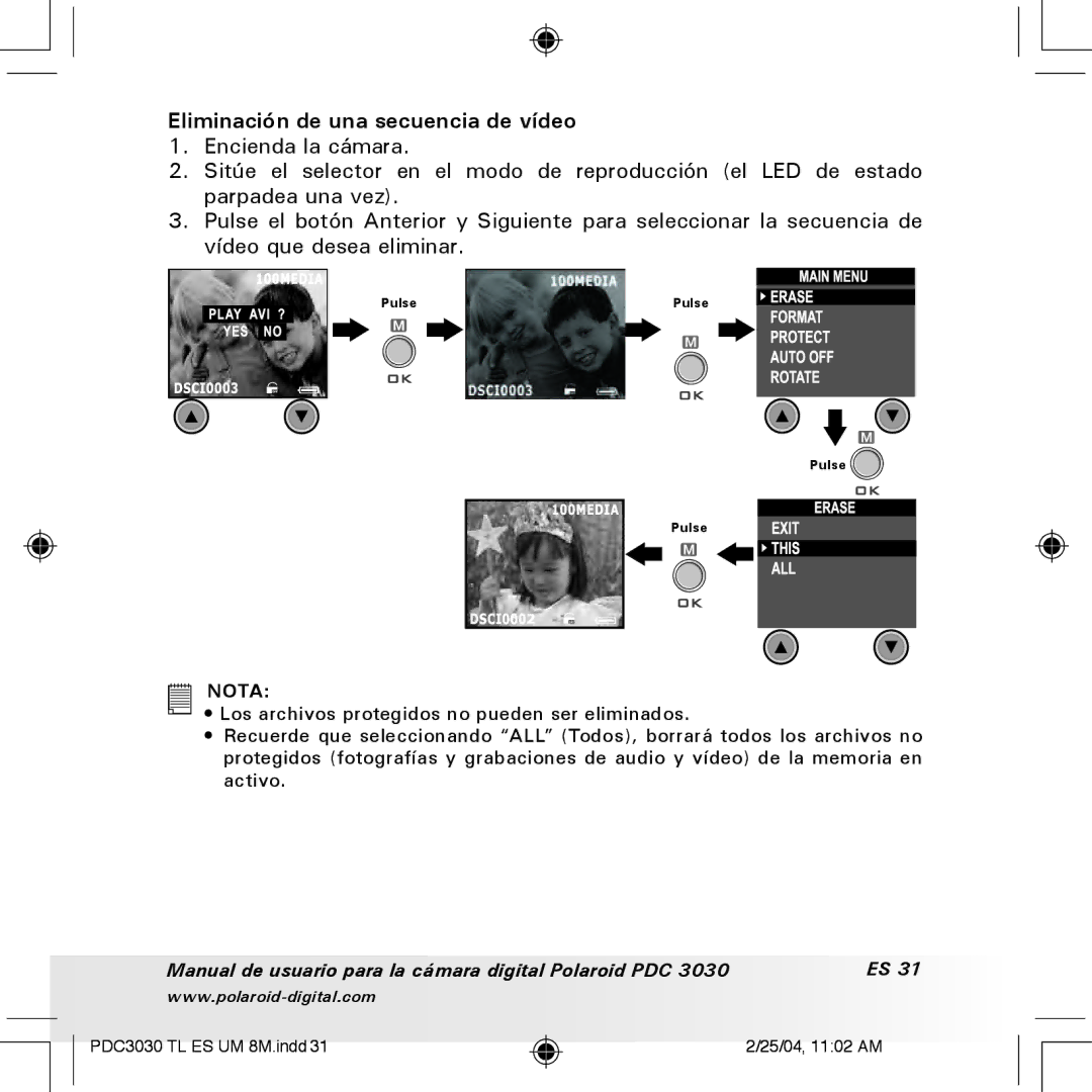 Polaroid PDC 3030 manual Eliminación de una secuencia de vídeo 