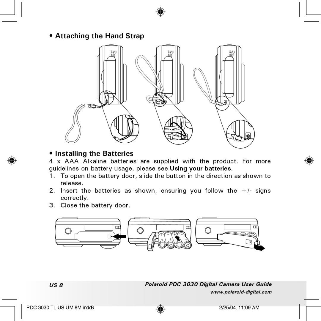 Polaroid PDC 3030 manual Attaching the Hand Strap Installing the Batteries 