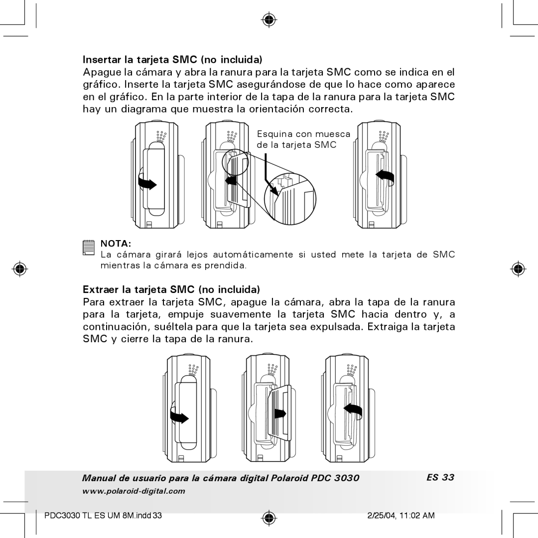 Polaroid PDC 3030 manual Insertar la tarjeta SMC no incluida, Extraer la tarjeta SMC no incluida 