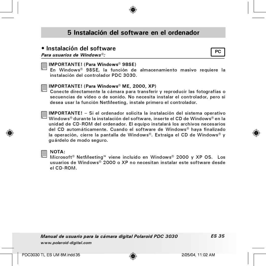 Polaroid PDC 3030 manual Instalación del software en el ordenador 