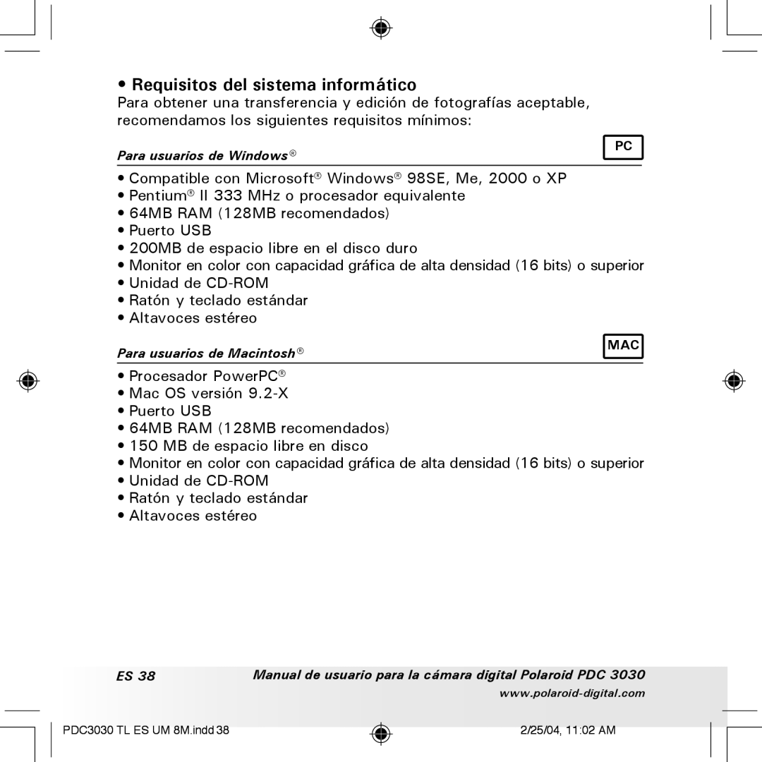 Polaroid PDC 3030 manual Requisitos del sistema informático 