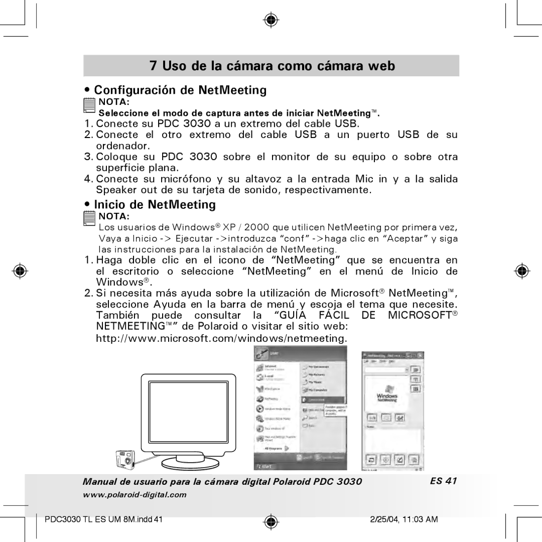 Polaroid PDC 3030 manual Uso de la cámara como cámara web, Configuración de NetMeeting, Inicio de NetMeeting 