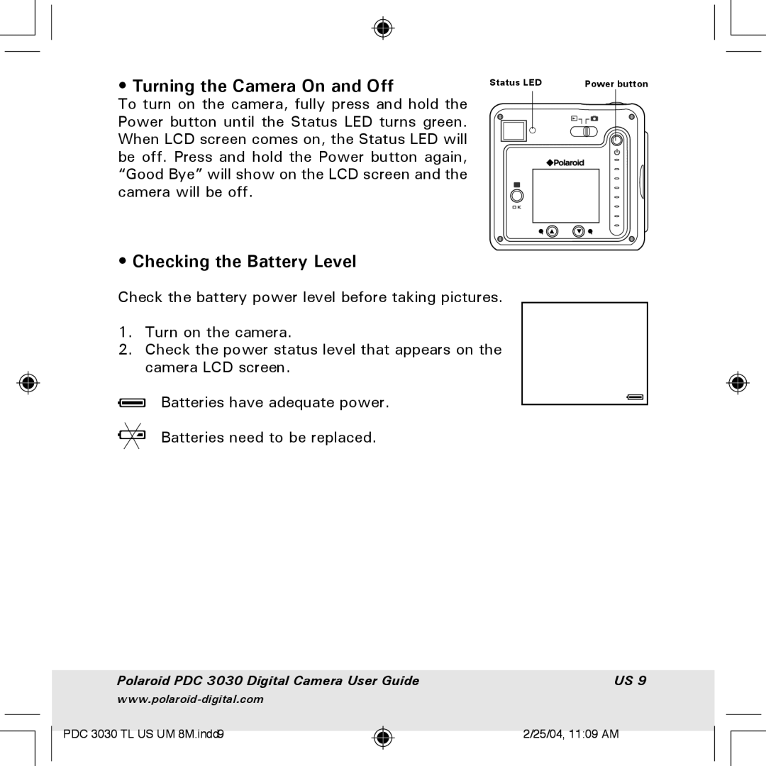 Polaroid PDC 3030 manual Turning the Camera On and Off, Checking the Battery Level 