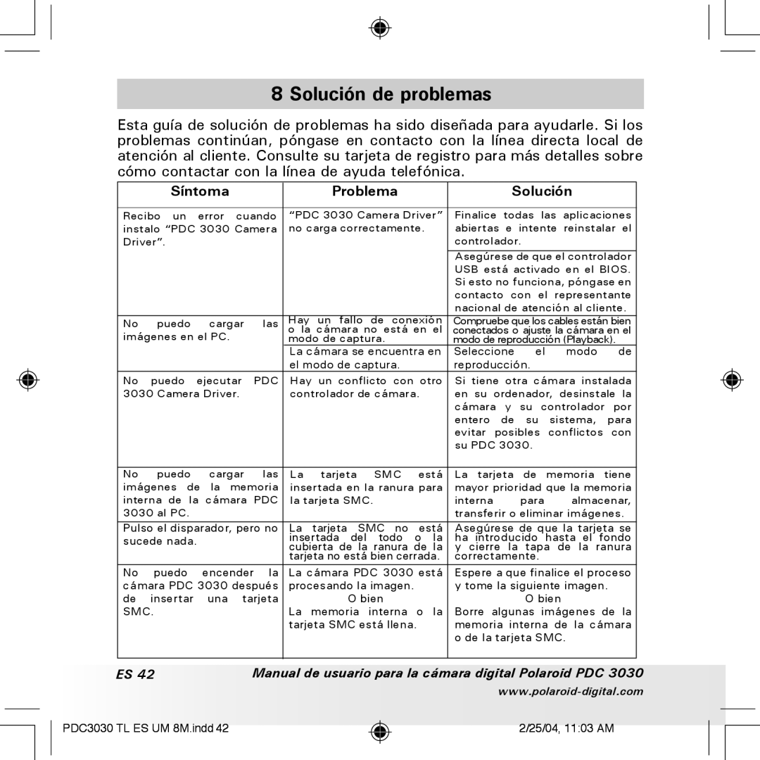 Polaroid PDC 3030 manual Solución de problemas, Síntoma Problema Solución 