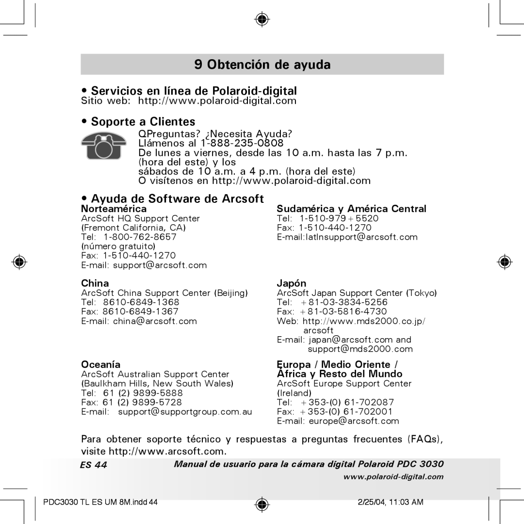 Polaroid PDC 3030 manual Obtención de ayuda, Servicios en línea de Polaroid-digital Soporte a Clientes 