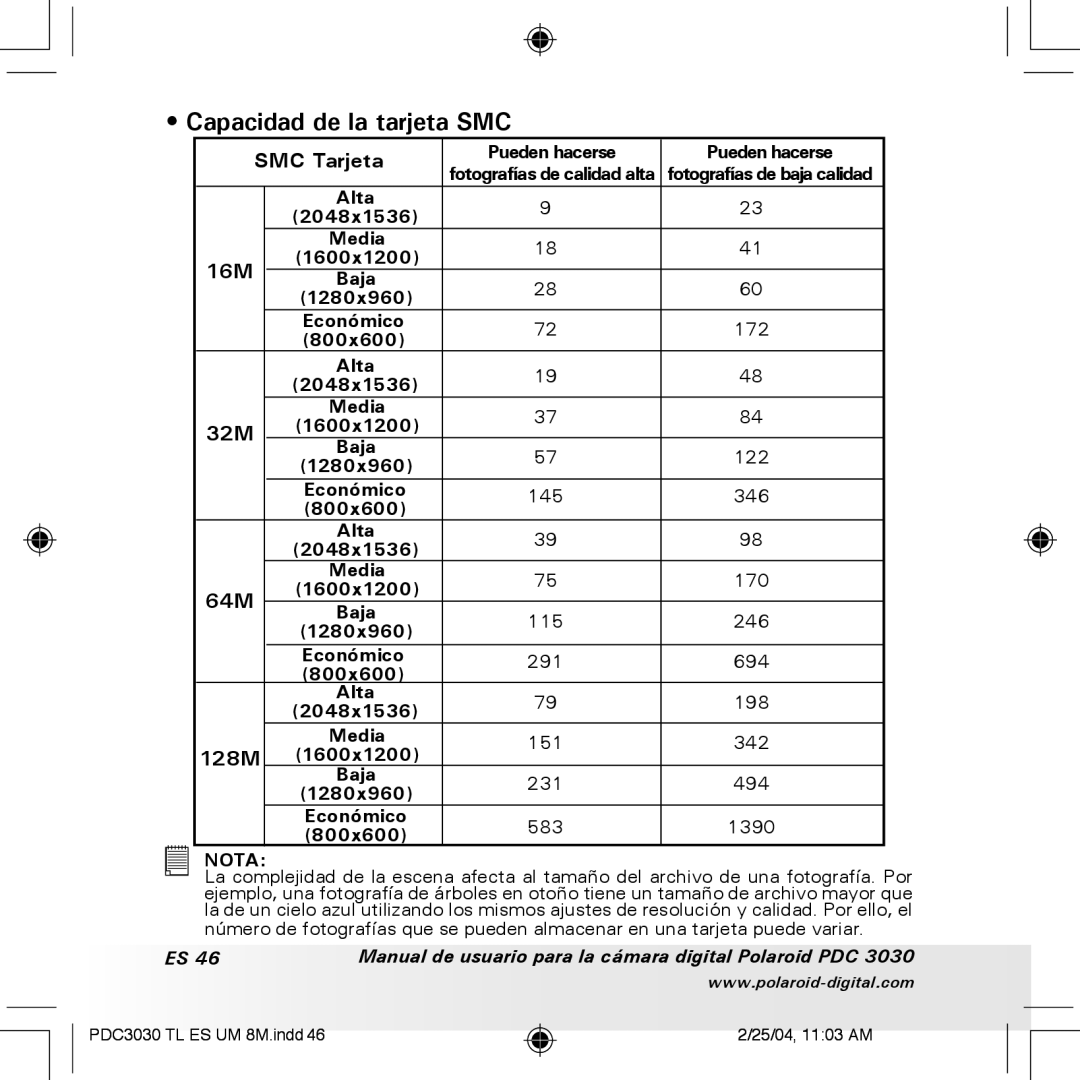 Polaroid PDC 3030 manual Capacidad de la tarjeta SMC 