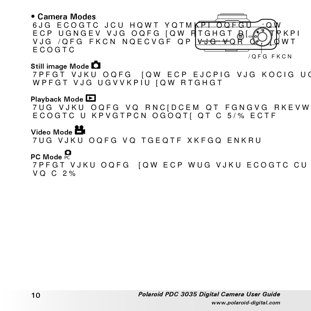 Polaroid PDC 3035 manual Camera Modes, Still image Mode, Playback Mode, Video Mode, PC Mode PC 