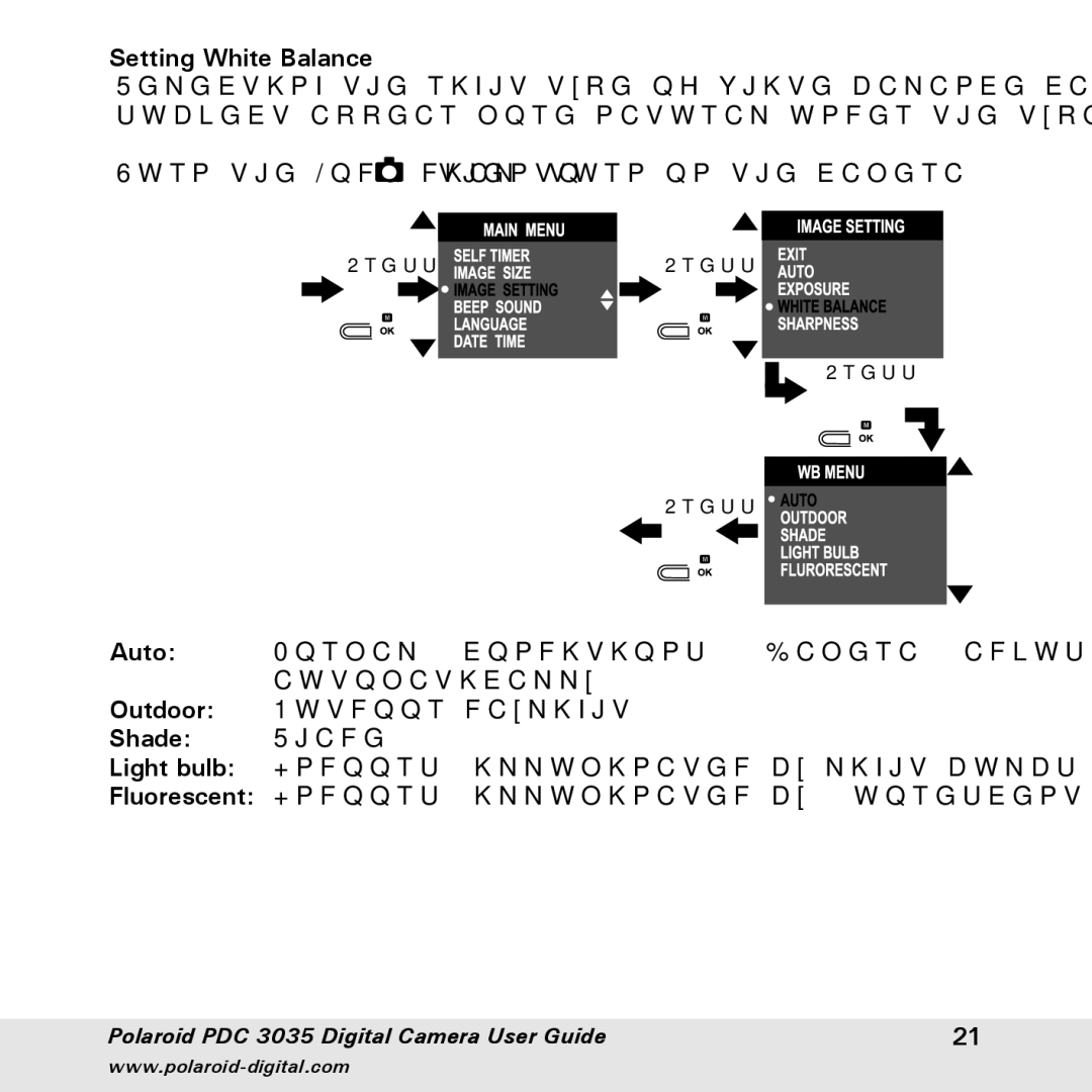 Polaroid PDC 3035 manual Setting White Balance, Auto, Outdoor, Shade, Light bulb 