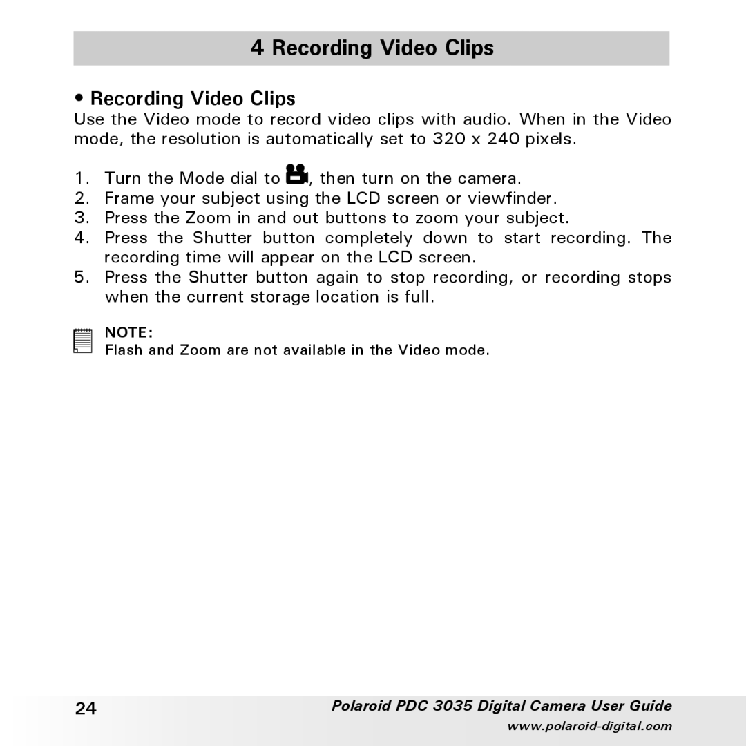 Polaroid PDC 3035 manual Recording Video Clips 