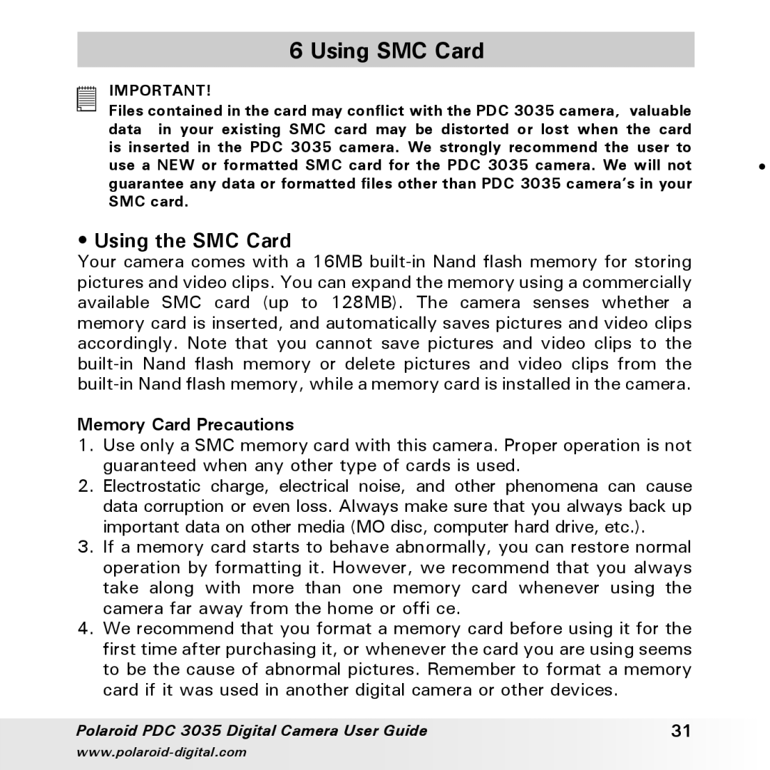 Polaroid PDC 3035 manual Using SMC Card, Using the SMC Card, Memory Card Precautions 