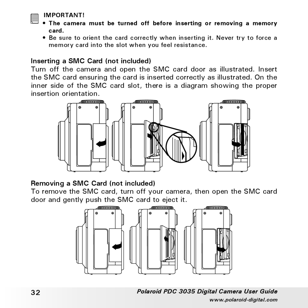 Polaroid PDC 3035 manual Inserting a SMC Card not included, Removing a SMC Card not included 