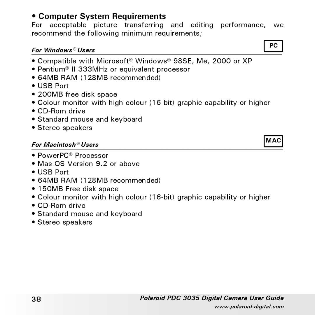 Polaroid PDC 3035 manual Computer System Requirements 