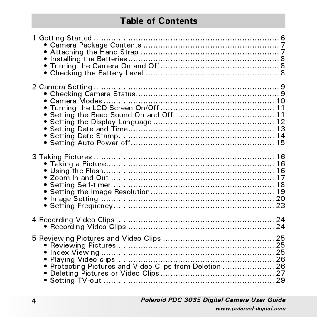 Polaroid PDC 3035 manual Table of Contents 