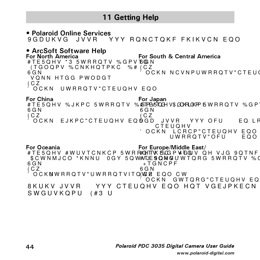 Polaroid PDC 3035 Getting Help, Polaroid Online Services ArcSoft Software Help, For North America, For China For Japan 