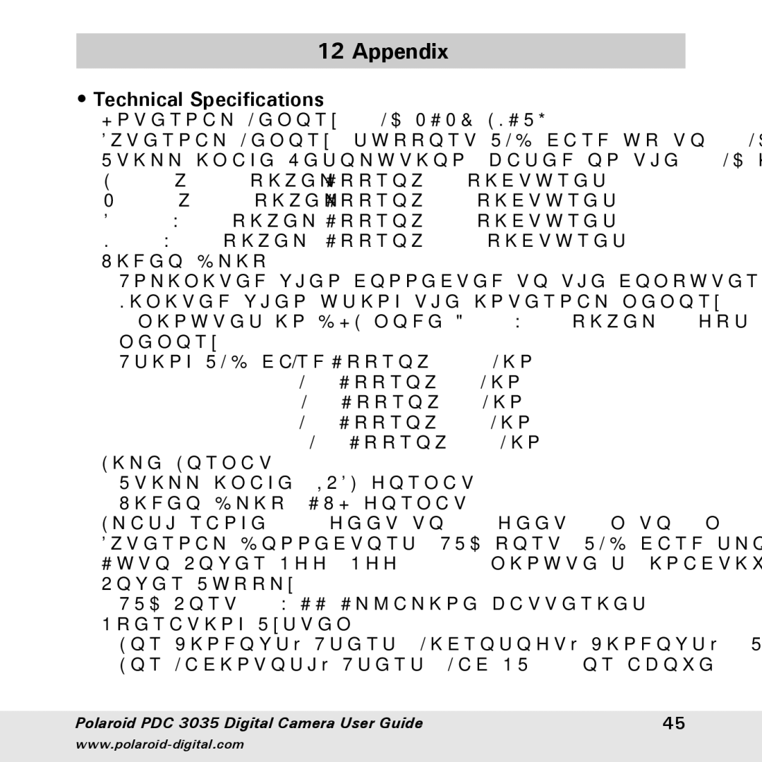 Polaroid PDC 3035 manual Appendix, Technical Specifications 