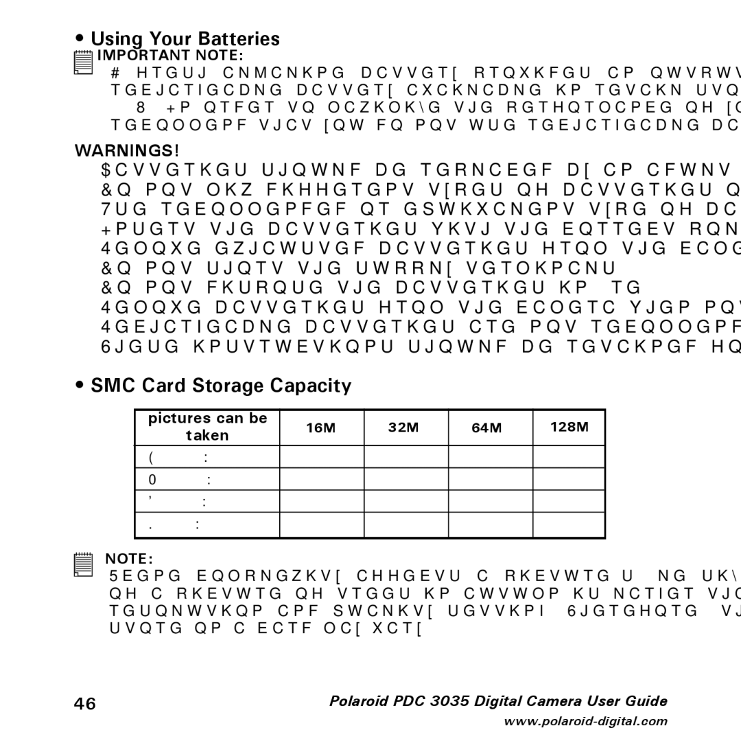 Polaroid PDC 3035 manual Using Your Batteries, SMC Card Storage Capacity 