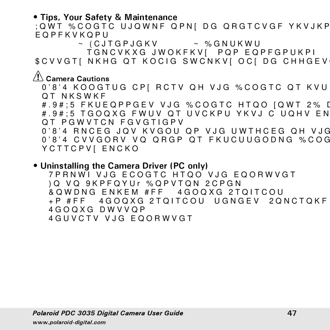 Polaroid PDC 3035 manual Tips, Your Safety & Maintenance, Uninstalling the Camera Driver PC only, Camera Cautions 