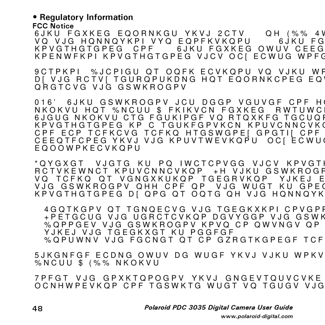 Polaroid PDC 3035 manual Regulatory Information, FCC Notice 