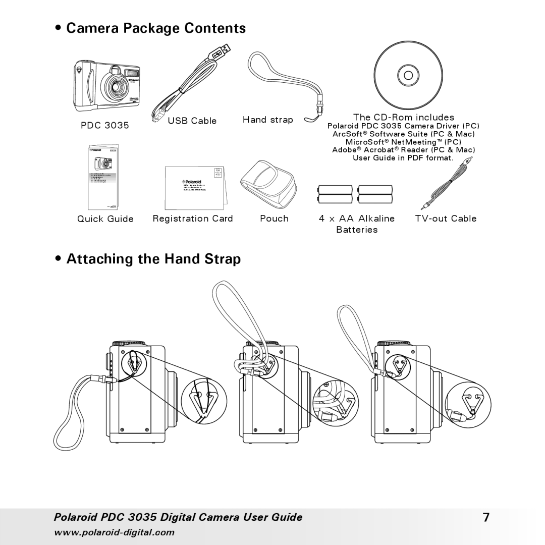 Polaroid PDC 3035 manual Camera Package Contents, Attaching the Hand Strap 