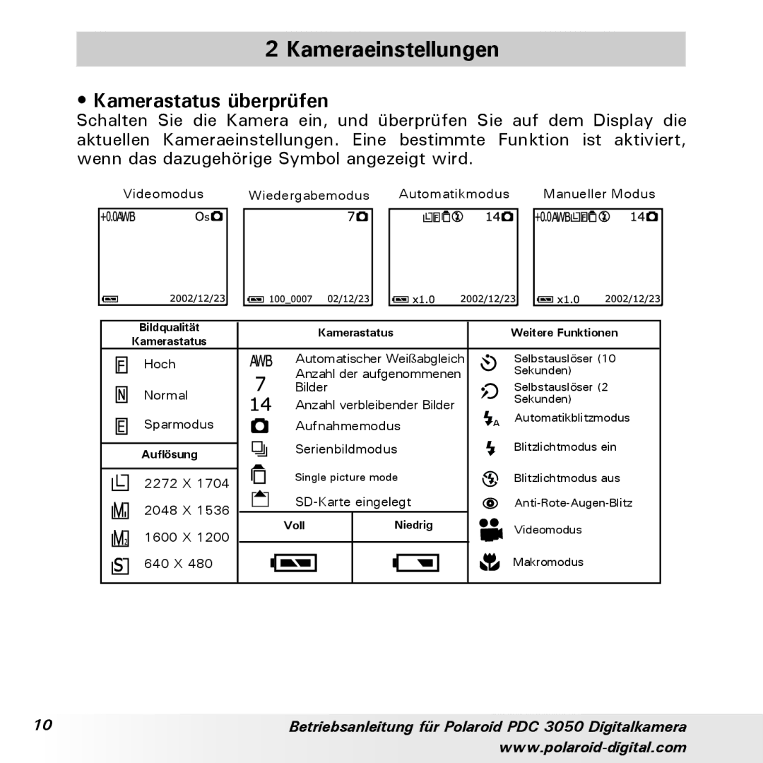 Polaroid PDC 3050 manual Kameraeinstellungen, Kamerastatus überprüfen 