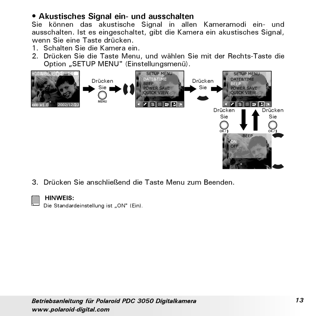 Polaroid PDC 3050 manual Akustisches Signal ein- und ausschalten, Drücken Sie anschließend die Taste Menu zum Beenden 