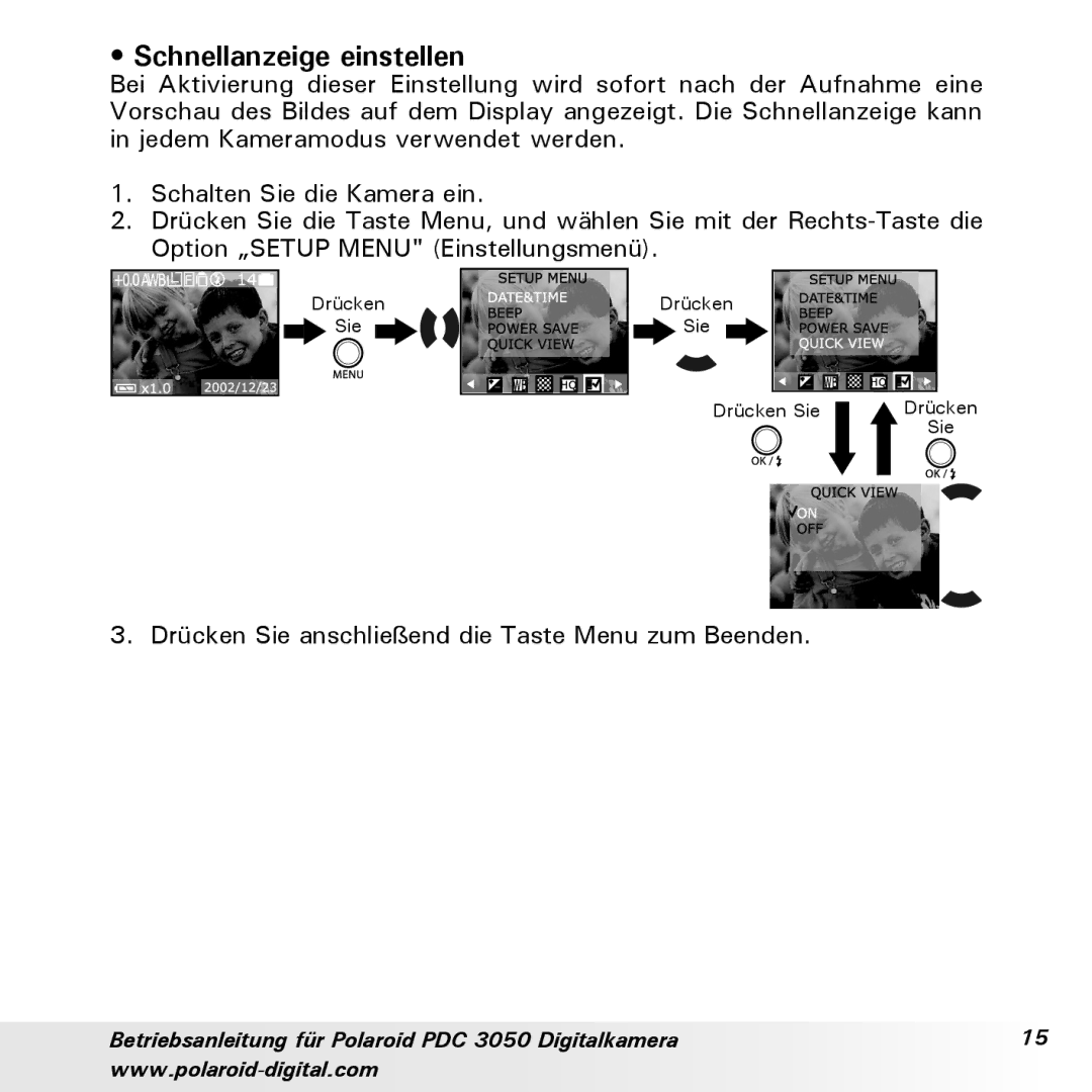 Polaroid PDC 3050 manual Schnellanzeige einstellen 