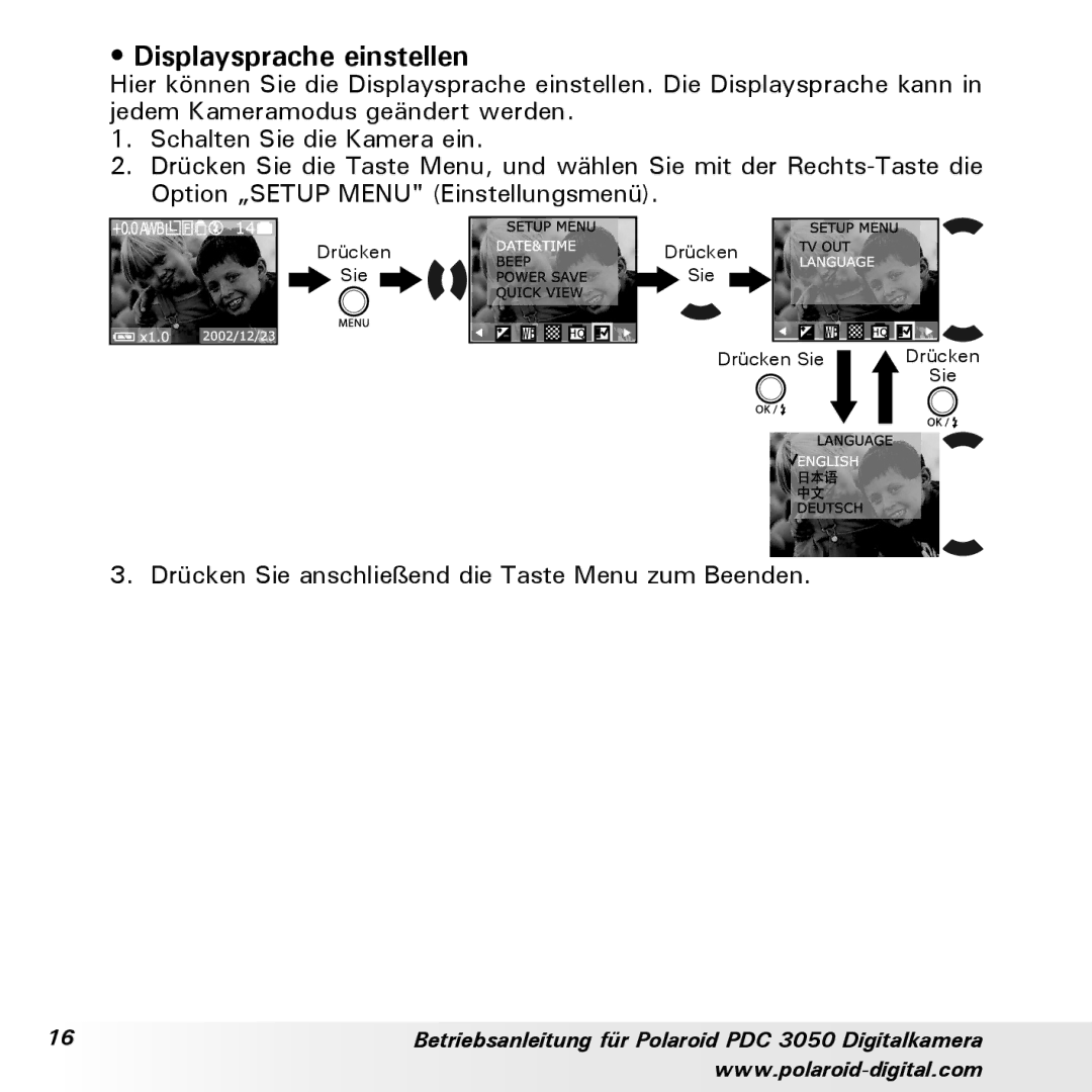 Polaroid PDC 3050 manual Displaysprache einstellen 