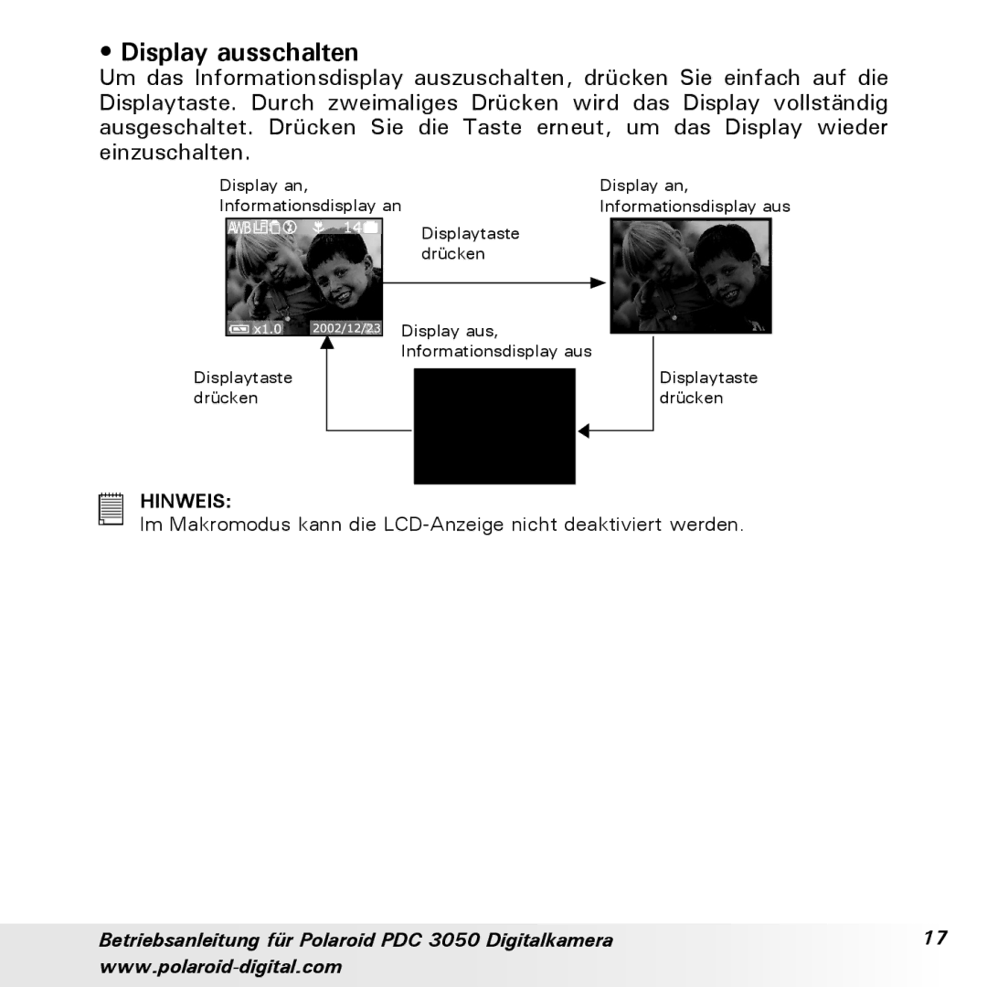 Polaroid PDC 3050 manual Display ausschalten 