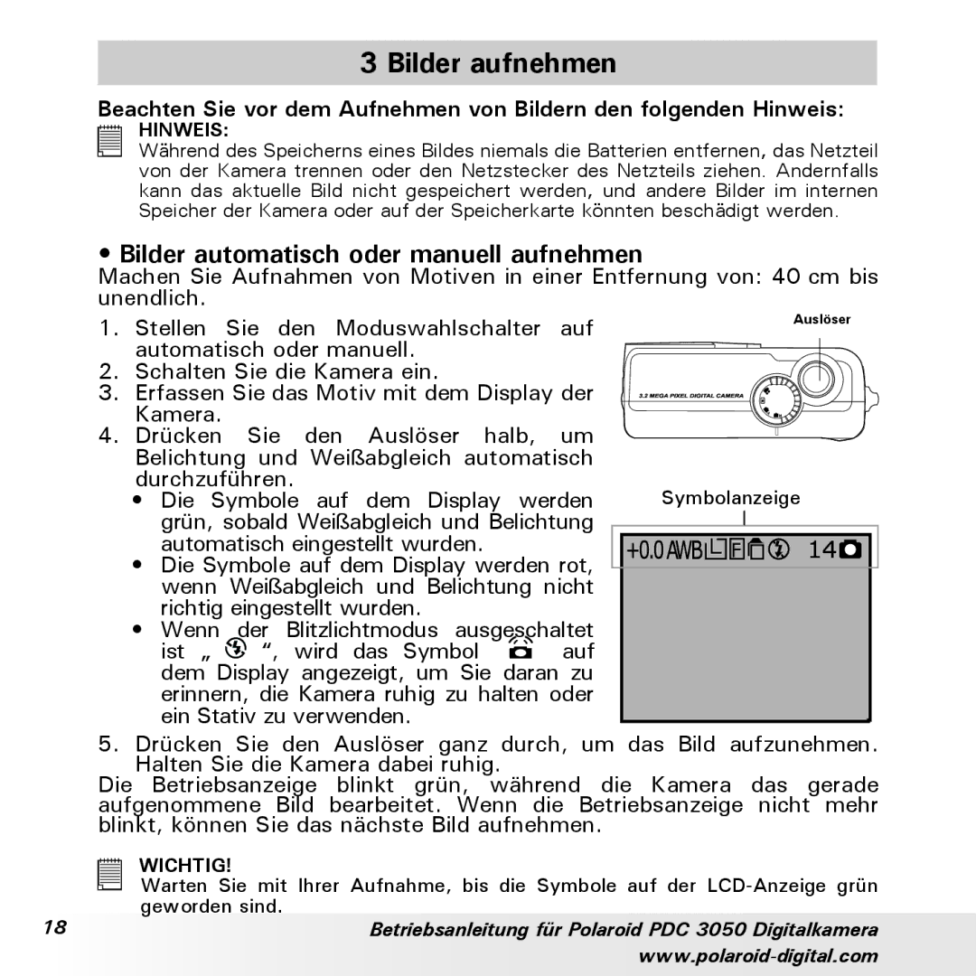 Polaroid PDC 3050 manual Bilder aufnehmen, Bilder automatisch oder manuell aufnehmen 