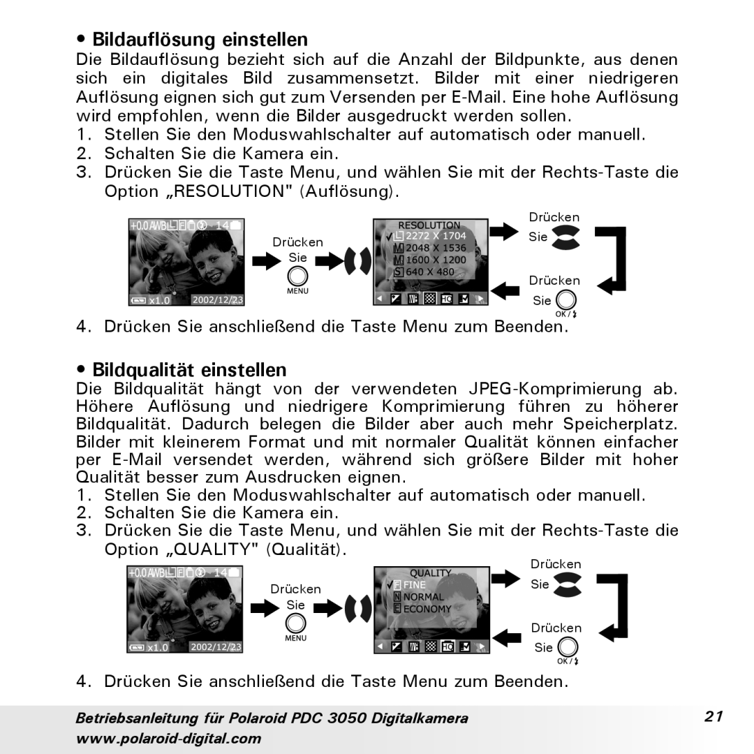 Polaroid PDC 3050 manual Bildauflösung einstellen, Bildqualität einstellen 