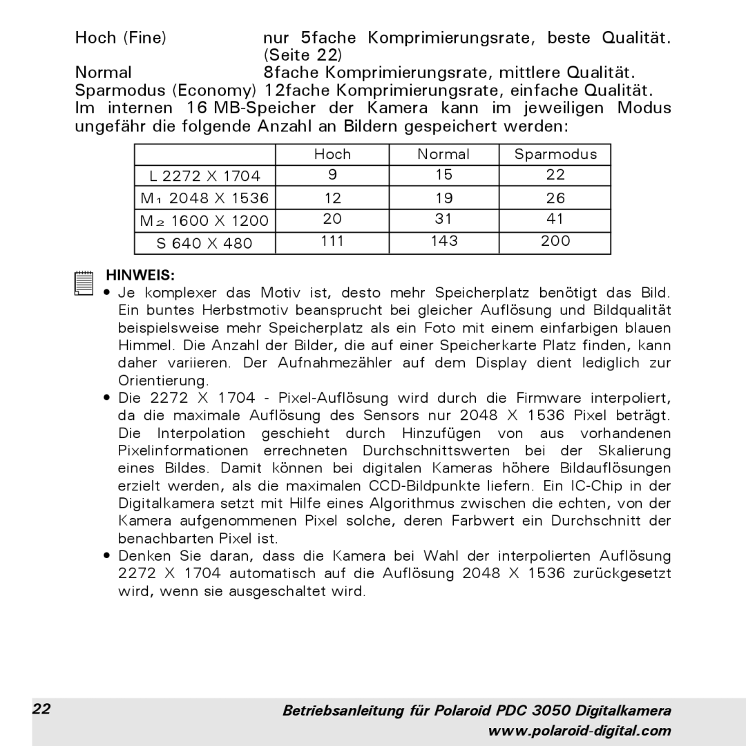 Polaroid PDC 3050 manual Hoch Normal Sparmodus 2272 X 2048 X 1600 X 640 X 111 143 200 