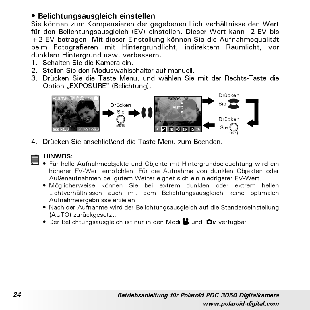 Polaroid PDC 3050 manual Belichtungsausgleich einstellen 