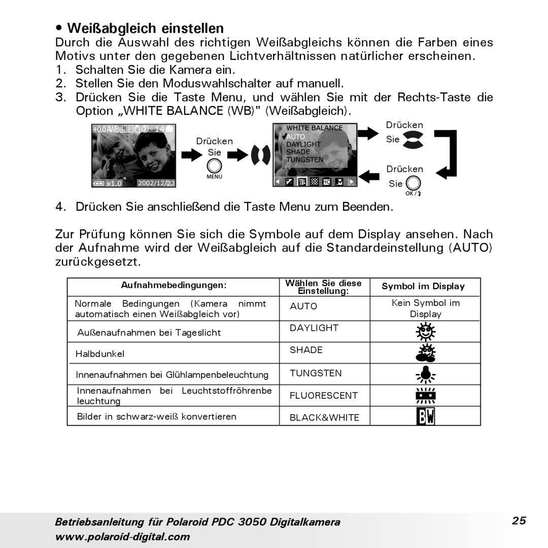 Polaroid PDC 3050 manual Weißabgleich einstellen 