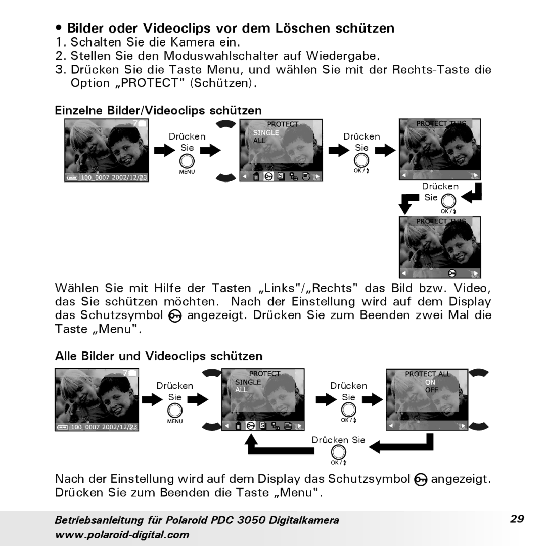 Polaroid PDC 3050 manual Bilder oder Videoclips vor dem Löschen schützen, Einzelne Bilder/Videoclips schützen 