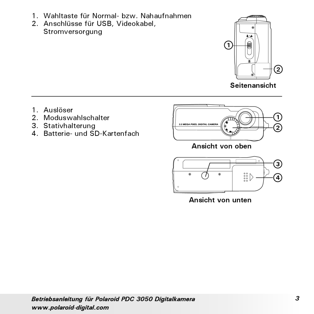 Polaroid PDC 3050 manual Seitenansicht, Ansicht von oben Ansicht von unten 