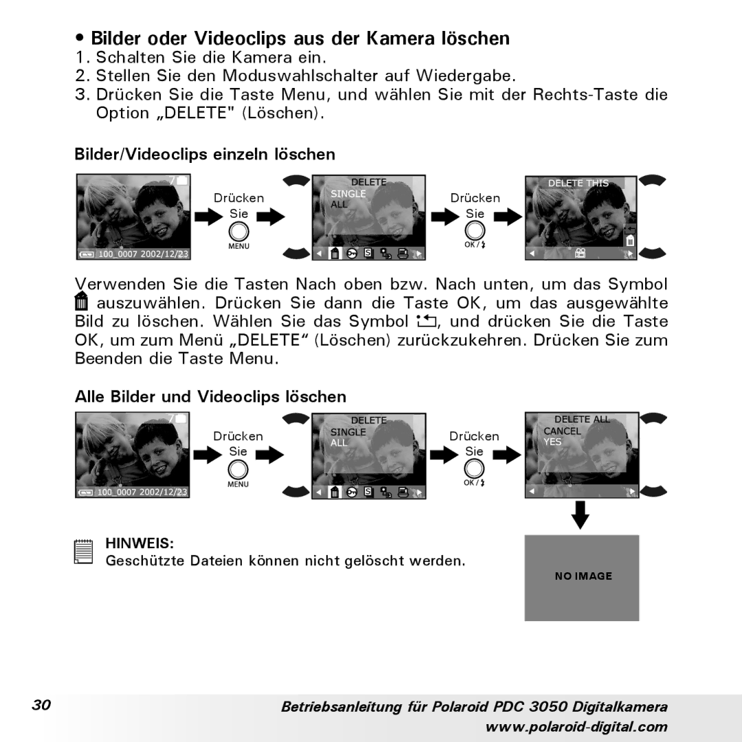 Polaroid PDC 3050 manual Bilder oder Videoclips aus der Kamera löschen, Bilder/Videoclips einzeln löschen 