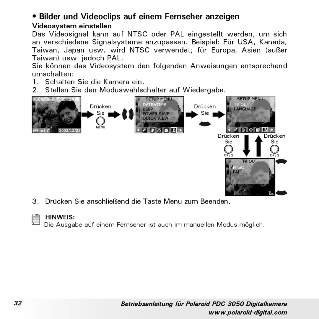 Polaroid PDC 3050 manual Bilder und Videoclips auf einem Fernseher anzeigen, Videosystem einstellen 